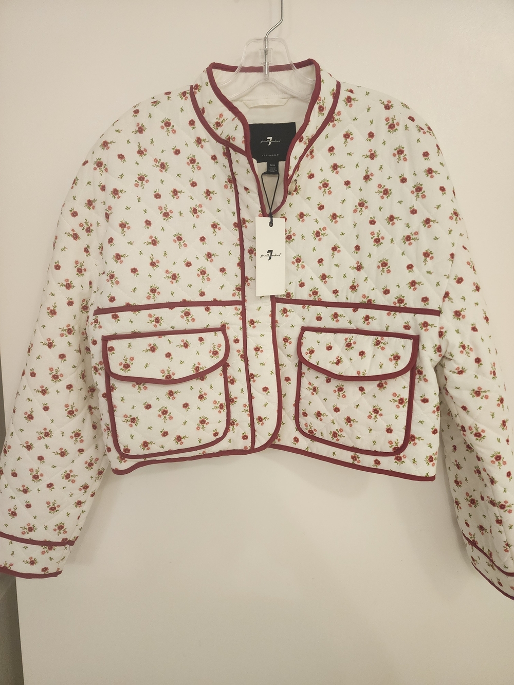 7 For All Mankind Cream Quilted Floral Cropped Jacket with Red Trim